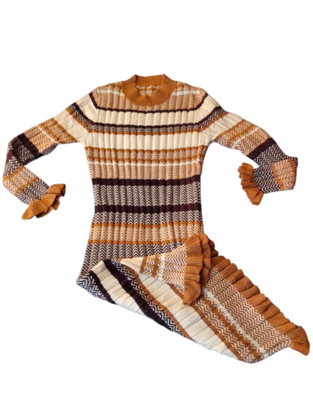 Retro Rib Knit Fall Winter Sweater Dress with Ruffle Cuffs - Chevron Design